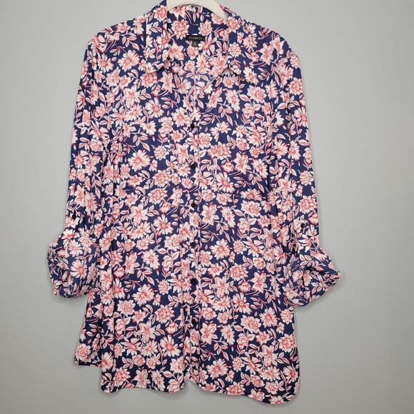 Talbots shirt womens size XL navy blue red floral button up top roll tab sleeves - Picture 4 of 12